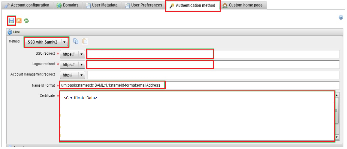 Screenshot shows the Authentication method tab where you can enter the values described.