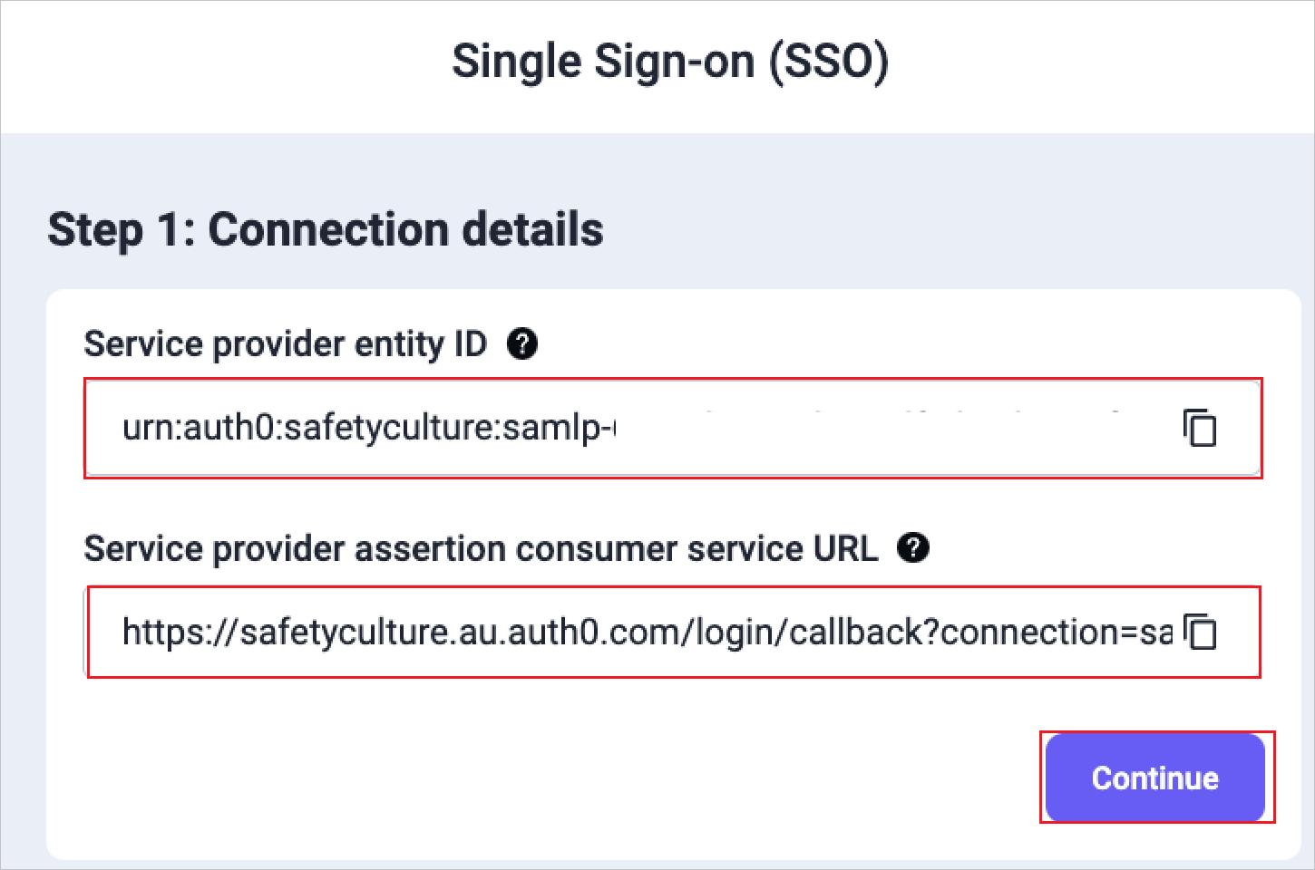 Screenshot shows sample SSO details from the SafetyCulture web app.