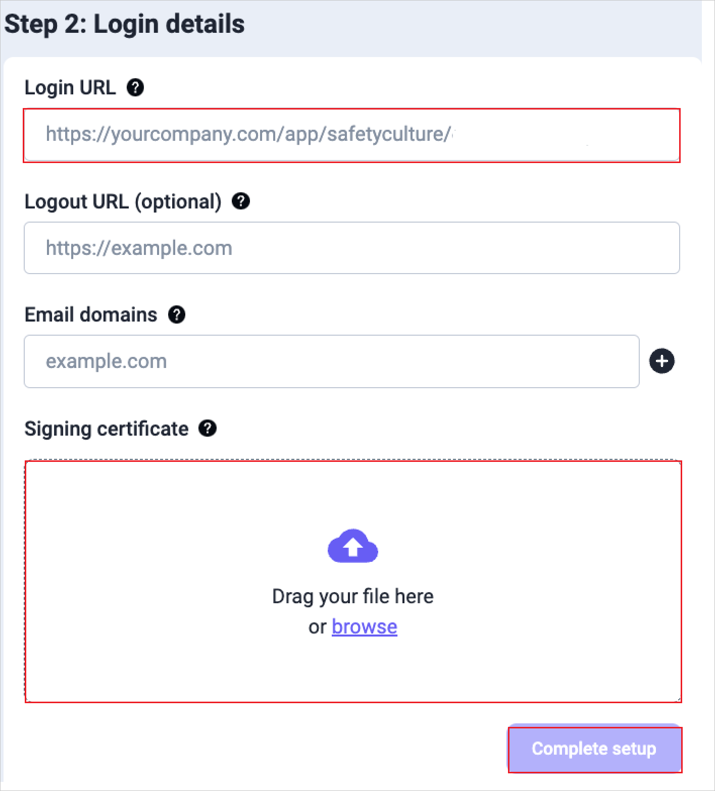 SafetyCulture SSO login details Screenshot shows the login details step of SafetyCulture's SSO setup.