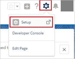 Screenshot that shows the "Settings" icon in the top-right selected, and "Setup" selected from the drop-down menu.