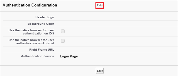Screenshot that shows the "Authentication Configuration" section, with the "Edit" button selected.