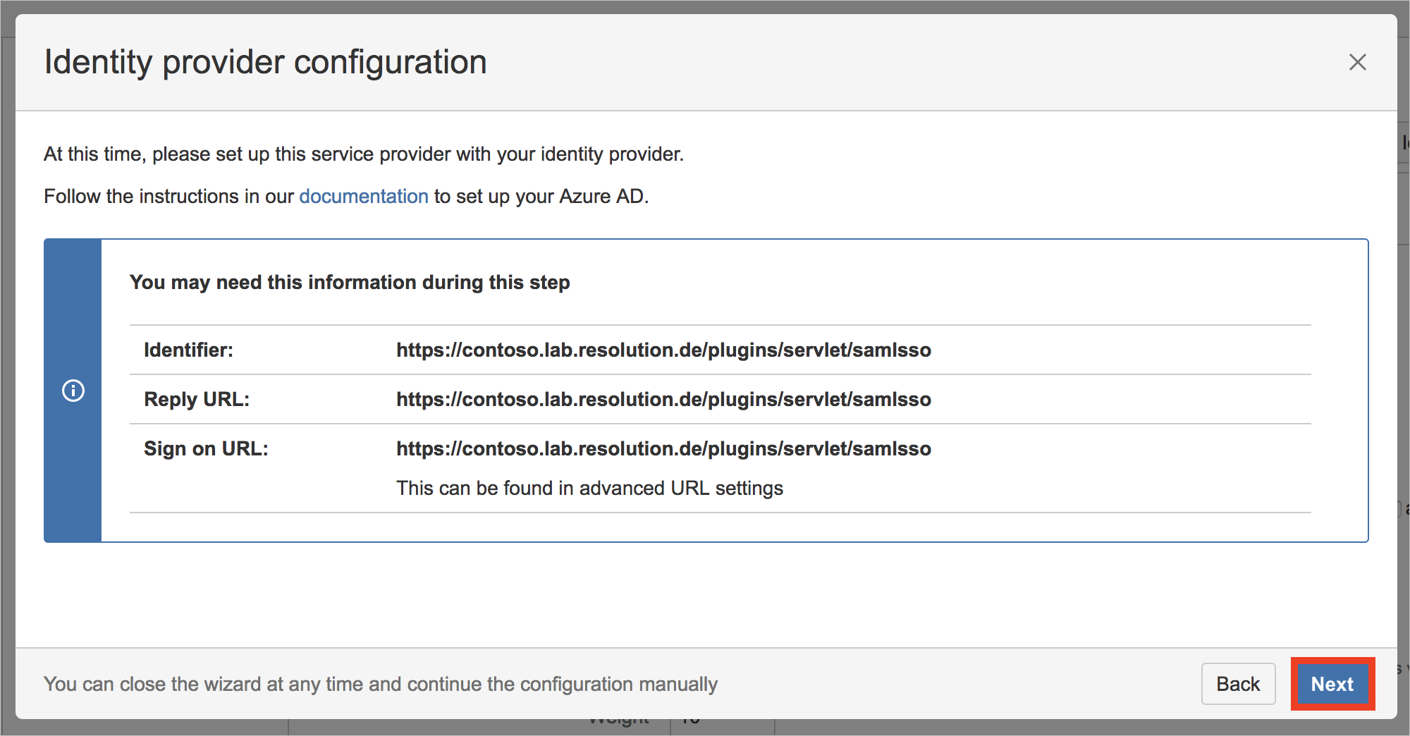 Screenshot that shows the "Identity provider configuration" page with the "Next" button selected.
