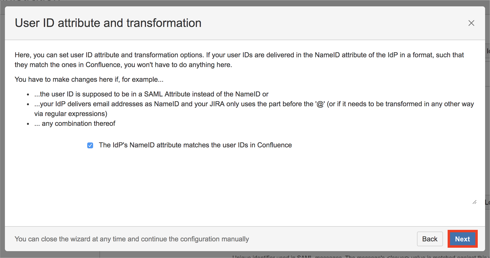 Screenshot that shows the "User ID attribute and transformation" page with the "Next" button selected.