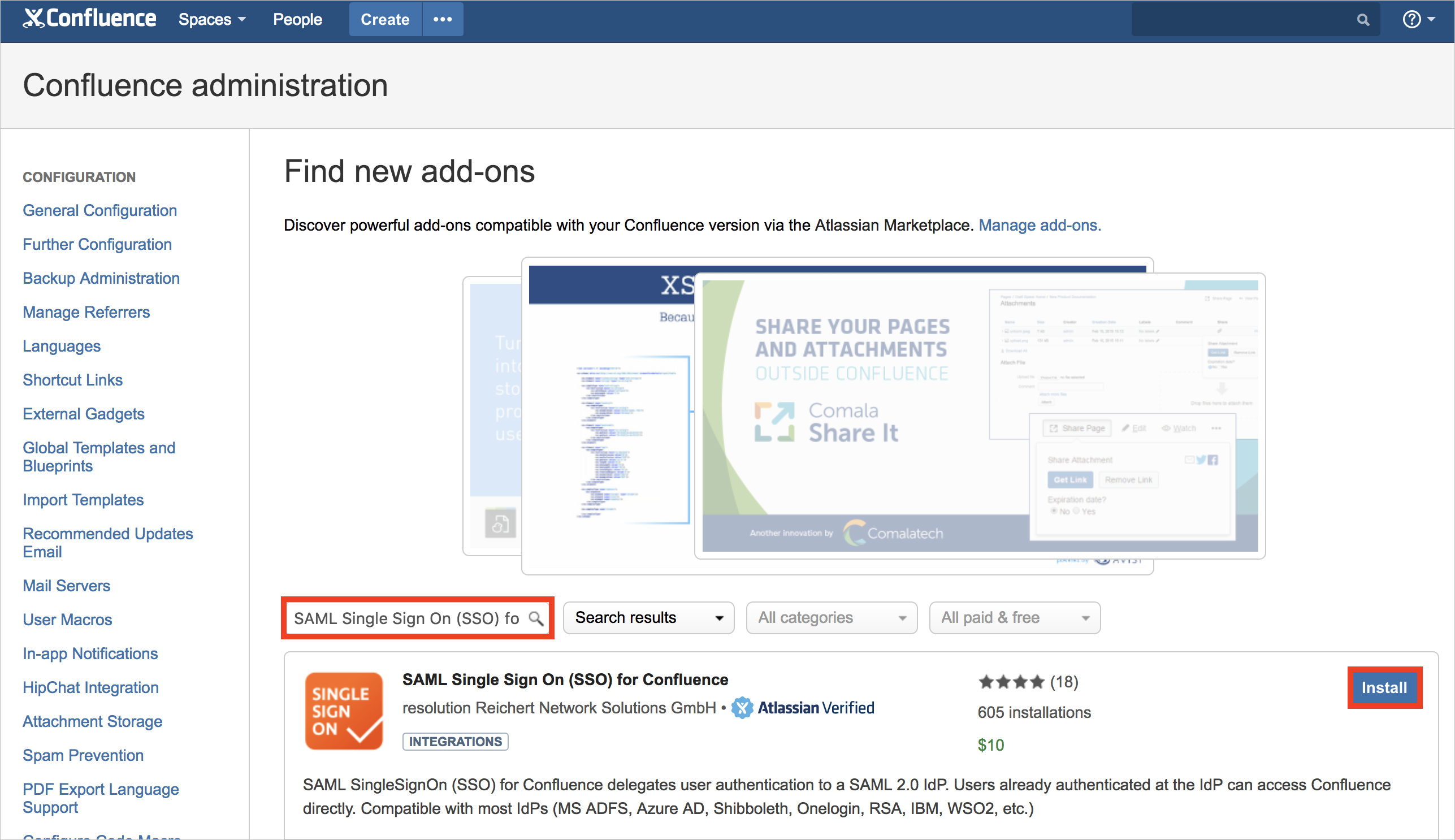 Screenshot that shows the "Find new add-ons" page with "S A M L Single Sign On (S S O) for Confluence" in the search box and the "Install" button selected.