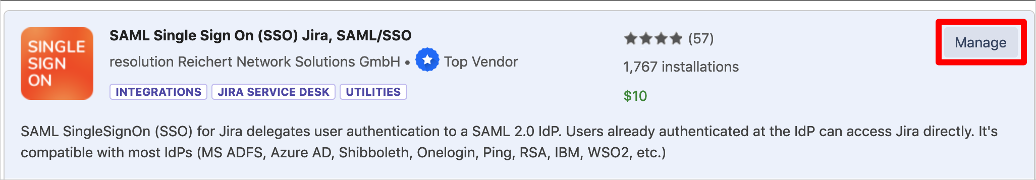 Screenshot that shows the "S A M L Single Sign On (S S O) Jira, S A M L/S S O" app with the "Manage" button selected.