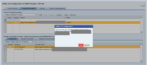 The OK option in SAML 2.0 Configuration dialog box in SAP