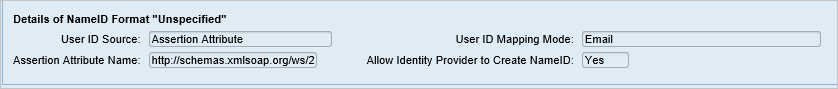 The Details of NameID Format "Unspecified" dialog box in SAP