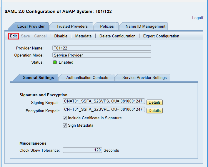 The SAML 2.0 Configuration of ABAP System T01/122 page in SAP