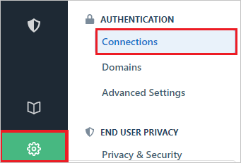 Screenshot that shows the "Settings" icon selected, and "Connections" selected from the "Authentication" menu.