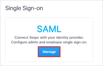 Screenshot shows the Single Sign-on section with the Manage button selected.