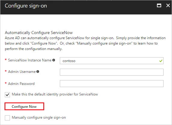 Screenshot of Configure sign-on form, with Configure Now highlighted