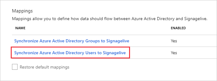 Screenshot of the Mappings section with the Synchronize Azure Active Directory Users to Signagelive option called out.