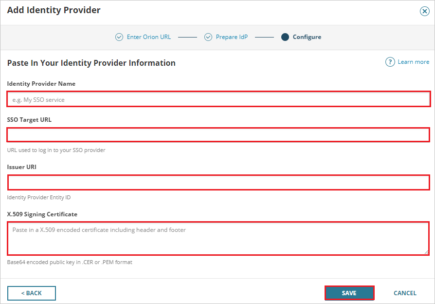Screenshot shows the Add Identity Provider page where you can enter the values described.