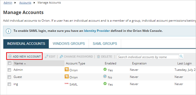 Screenshot shows ADD NEW ACCOUNT selected in Manage Accounts.