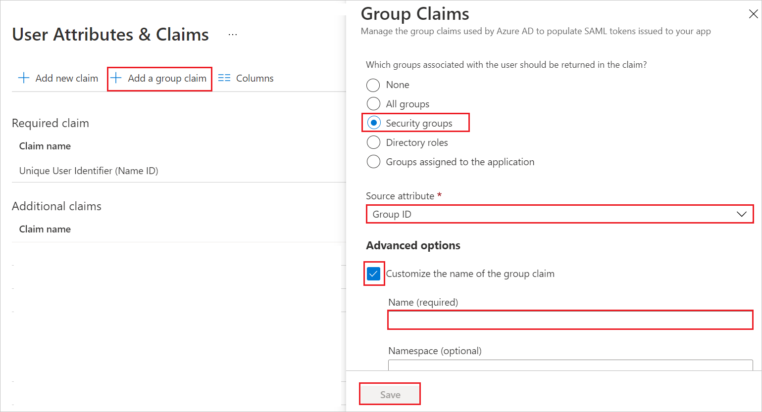Screenshot for User Attributes & Claims.
