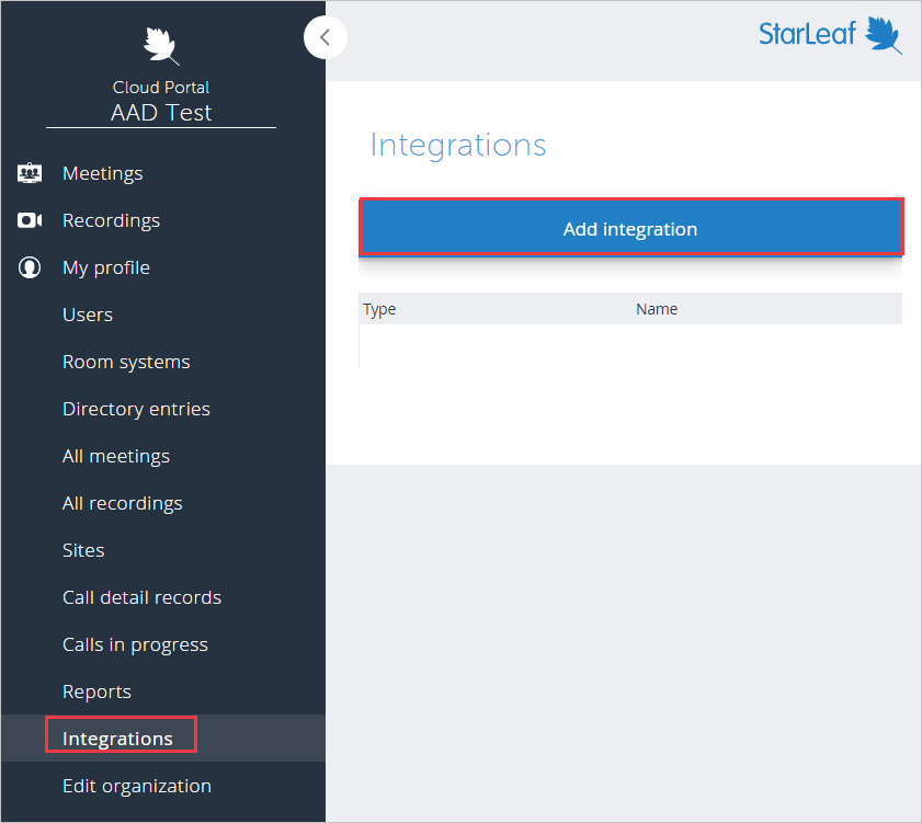 Screenshot of the StarLeaf Admin Console with the Integrations and Add integration options called out.