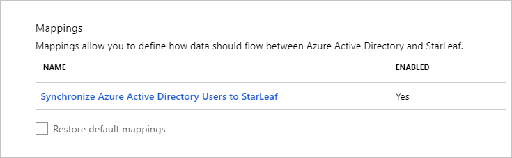 Screenshot of the Mappings section showing the Synchronize Azure Active Directory Users to StarLeaf option.