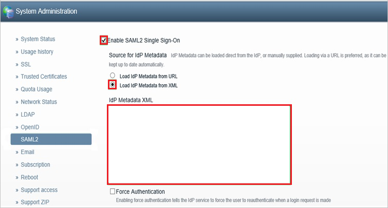 Screenshot shows the S A M L configuration section.