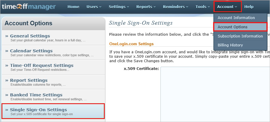 Screenshot shows Single Sign-On Settings selected from Account Options.