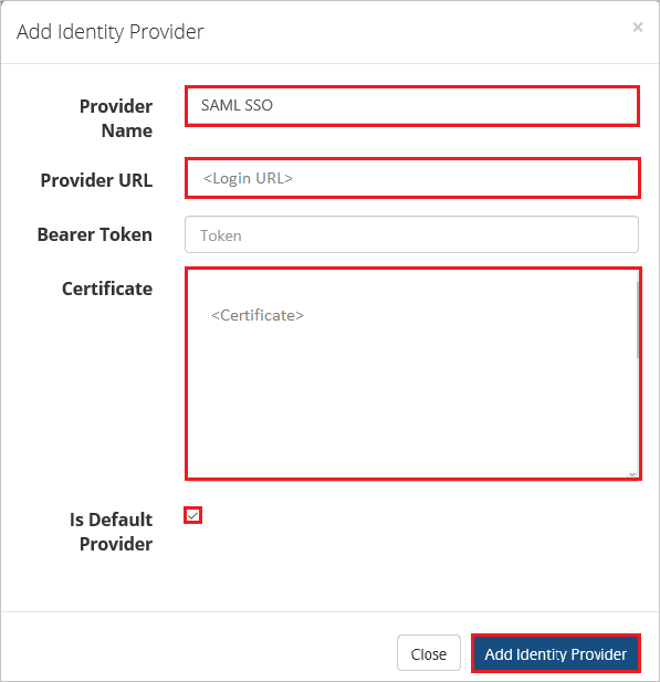 Screenshot shows the Add Identity Provider where you can enter the values described.