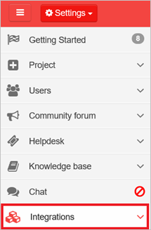 Integrations Screenshot shows Integrations selected from the Settings menu.
