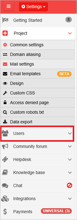 Settings Screenshot shows Users selected from the Settings menu.