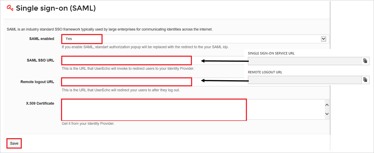 Details Screenshot shows the Single Sign-on SAML page where you can enter the values described.