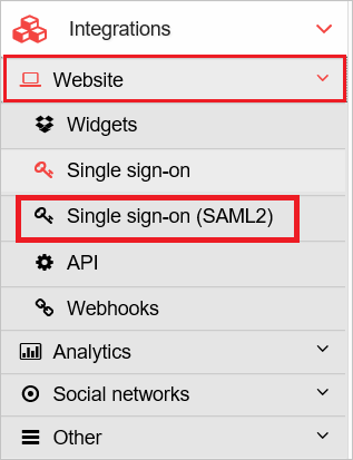 Screenshot shows Single sign-on SAML2 selected from the Integrations menu.
