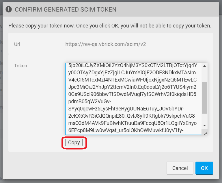 Screenshot of the Vbrick Rev User Security Settings with the Scim Token section called out.
