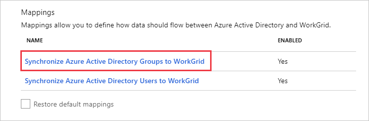 Screenshot of the Mappings section with the Synchronize Microsoft Entra groups to Workgrid option called out.