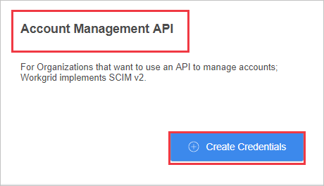Screenshot of the Account Management A P I section with the Create Credentials option called out.