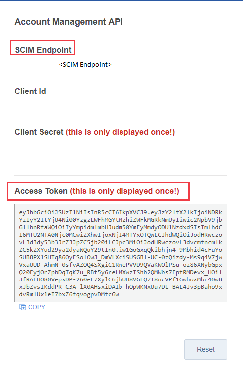 Screenshot of the Account Management A P I section with S C I M Endpoint and Access Token called out.