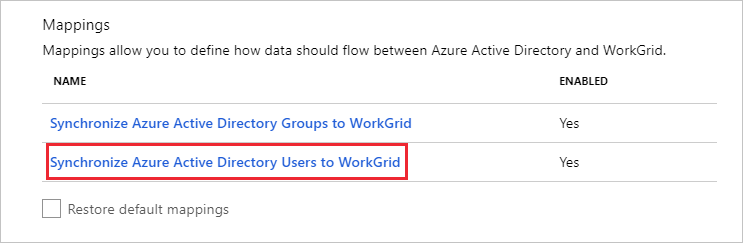 Screenshot of the Mappings section with the Synchronize Microsoft Entra users to Workgrid option called out.