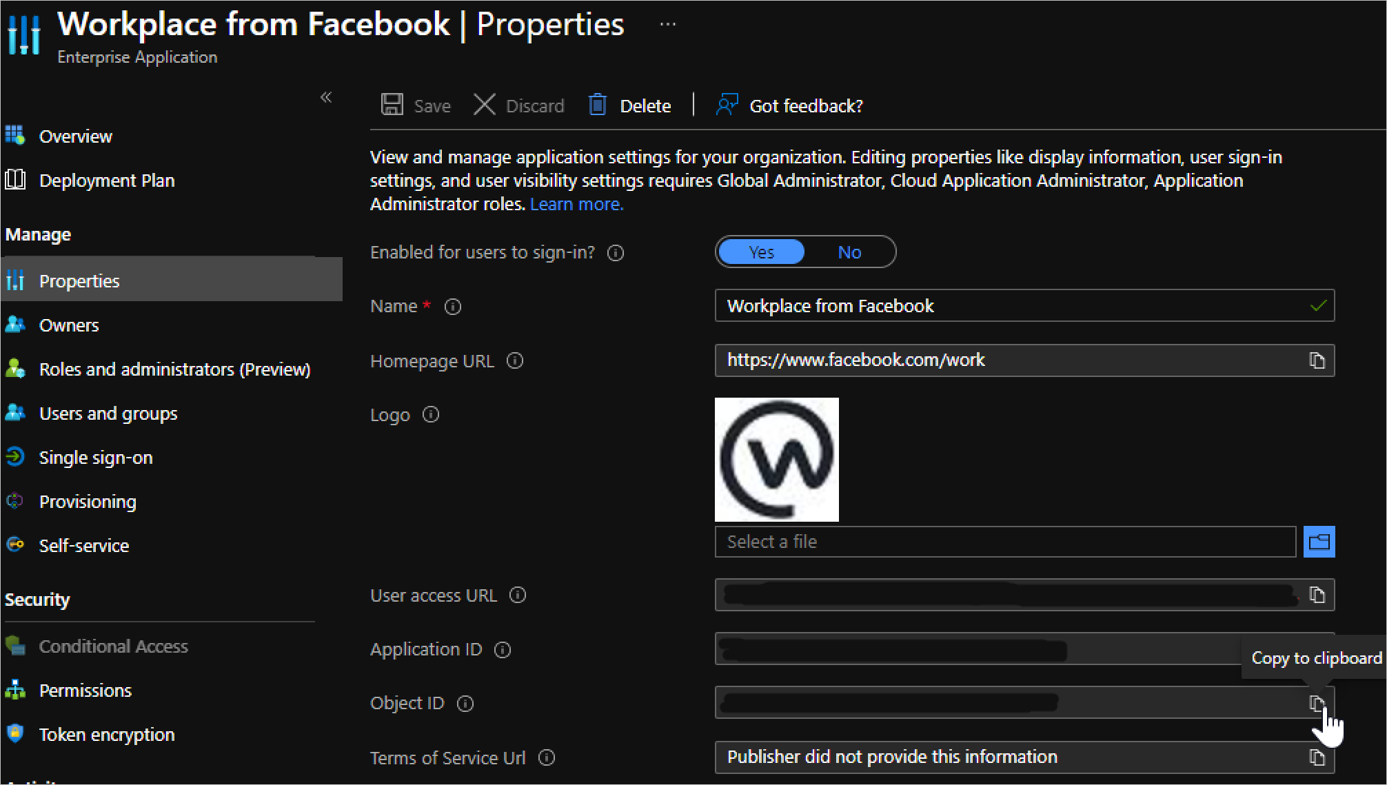 Screenshot of Workplace by Facebook app in the Azure portal