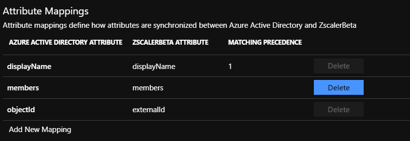 In the Attribute Mappings section for group attributes, the Active Directory attributes are shown next to the Zscalar Beta attributes they are synchronized with. One pair of attributes is shown as Matching.