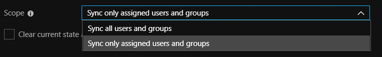 The Scope drop-down list is shown, and Sync only assigned users and groups is selected. The other available value is Sync all users and groups.