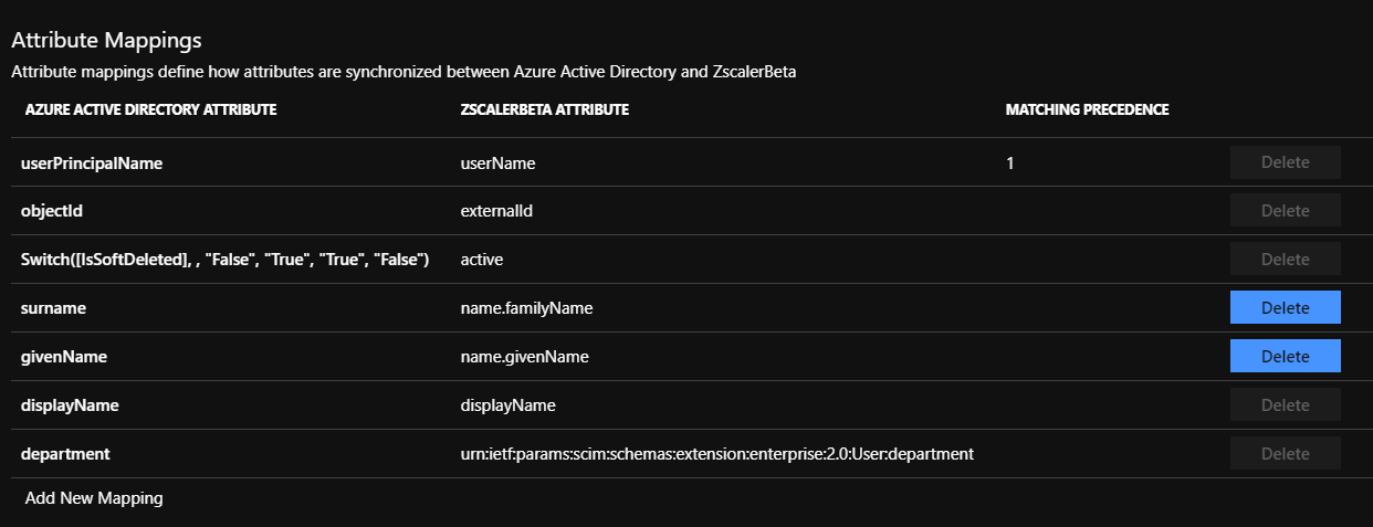 In the Attribute Mappings section for user attributes, the Active Directory attributes are shown next to the Zscalar Beta attributes they are synchronized with. One pair of attributes is shown as Matching.