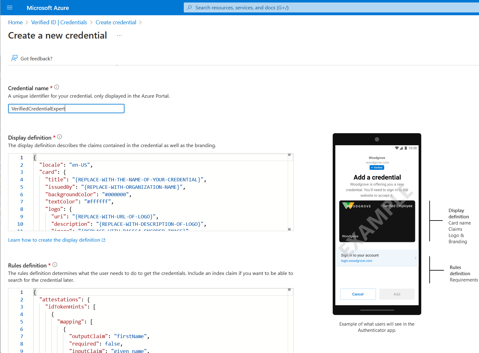 Screenshot of the 'Create a new credential' page, displaying JSON samples for the display and rules files.