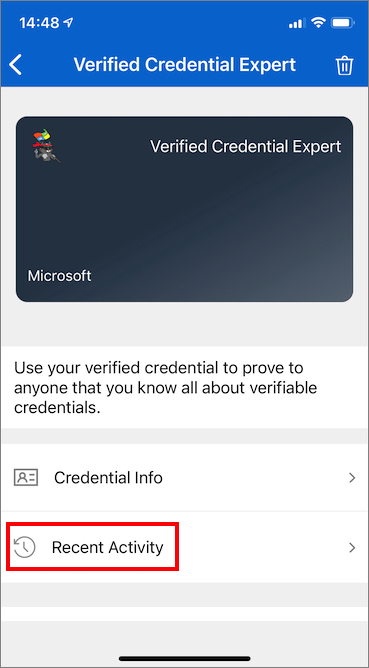 Screenshot that shows the recent activity button that takes you to the credential history.