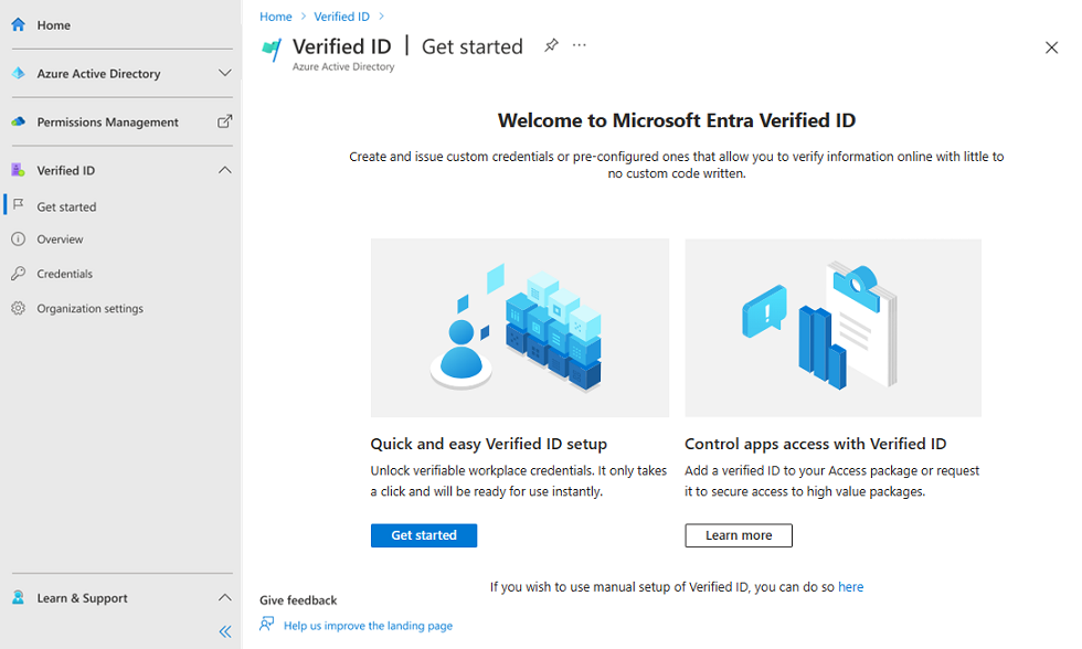 Screenshot that shows how to set up Verifiable Credentials.