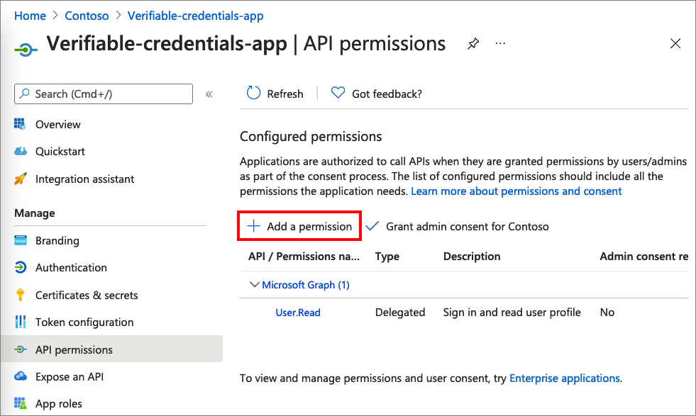 Screenshot that shows how to add permissions to the verifiable credentials app.