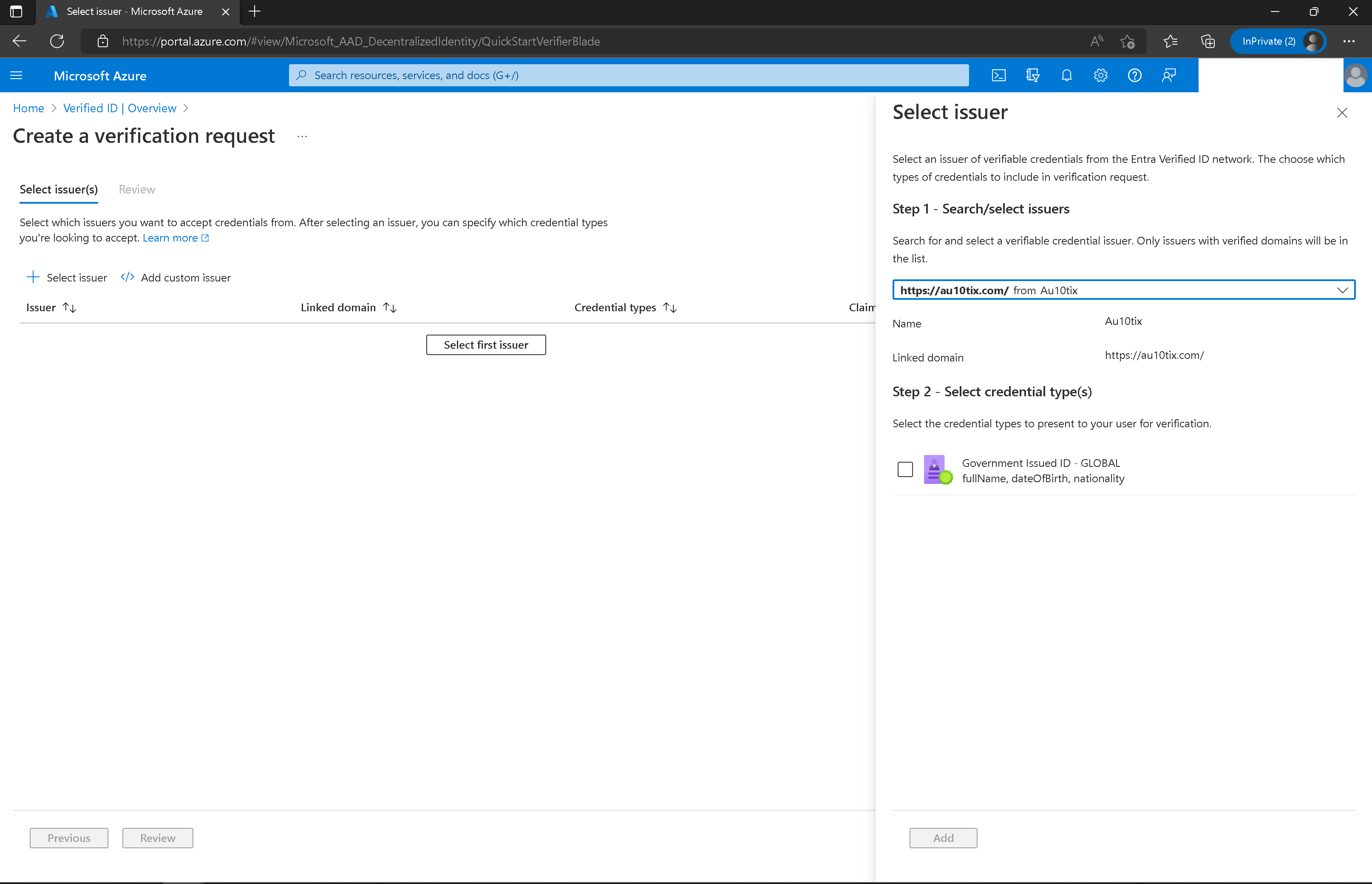 Screenshot of the portal section used to choose issuers.