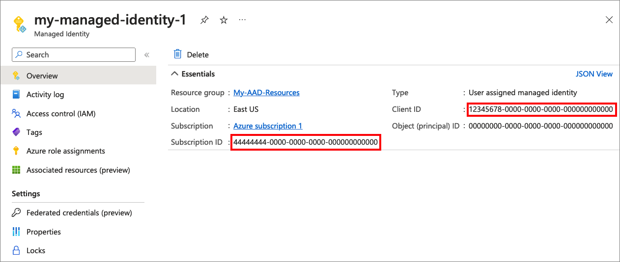 Screenshot that demonstrates how to copy the managed identity ID and subscription ID from Azure portal.