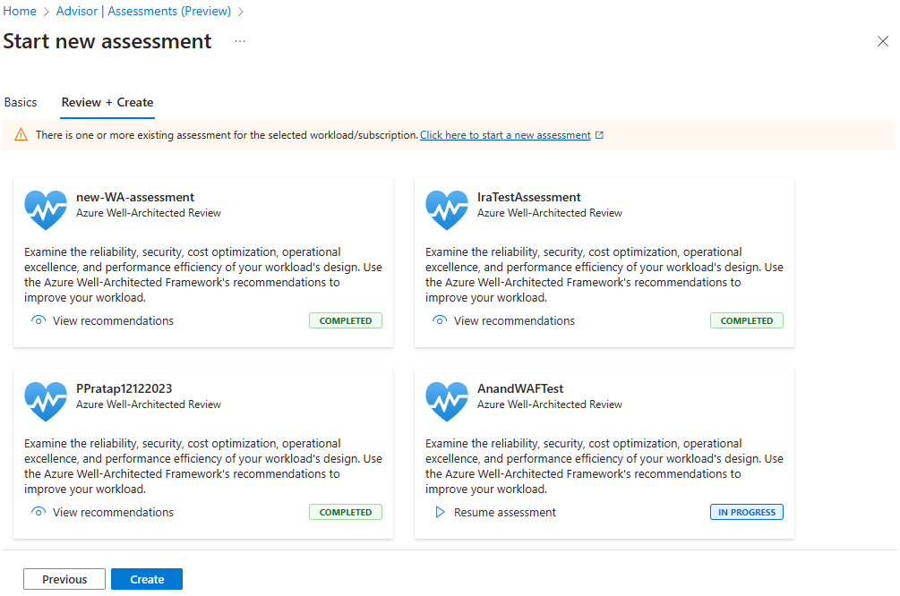 Screenshot of Azure Advisor **Start new assessment** assessments tile page.
