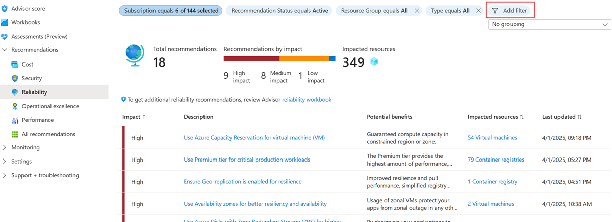 Screenshot of the Reliability pane highlighting the Add filter button.