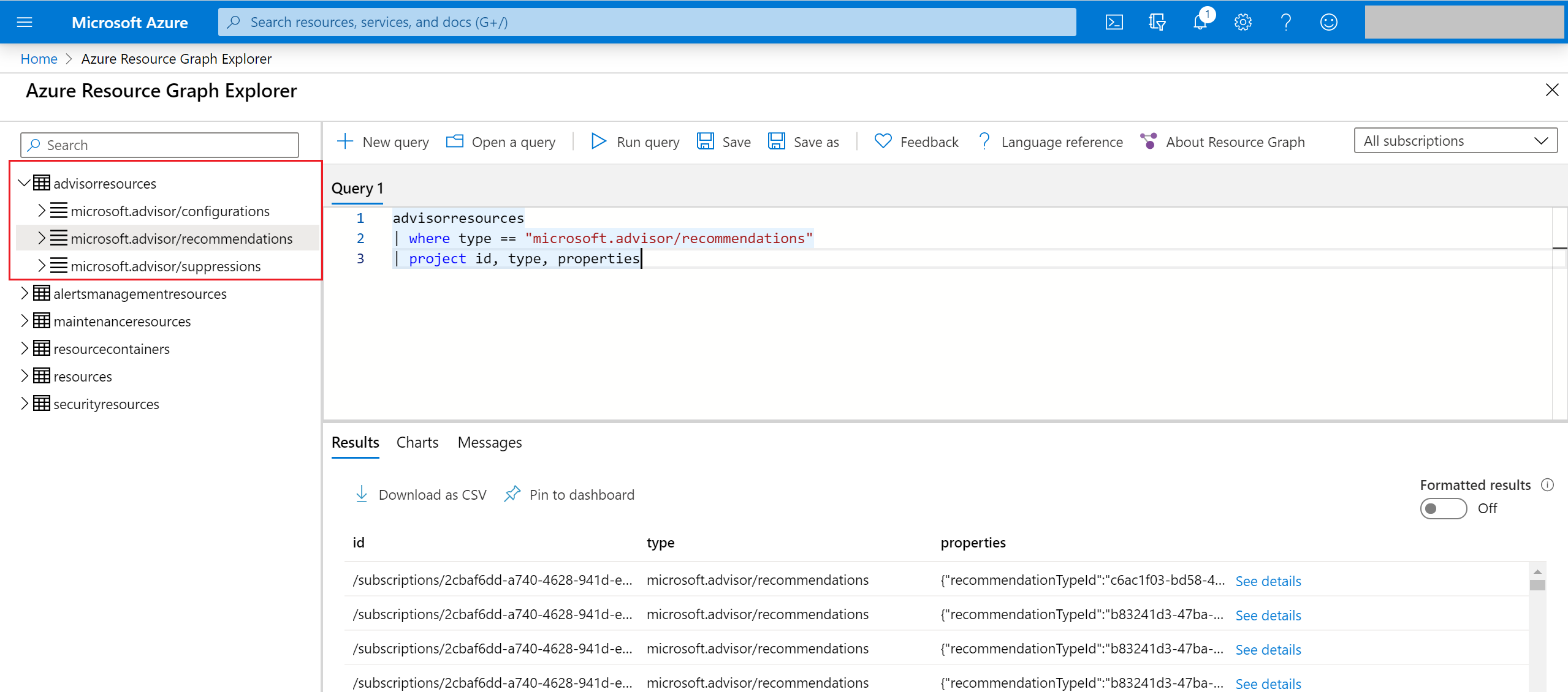 Advisor in Azure resource graph explorer