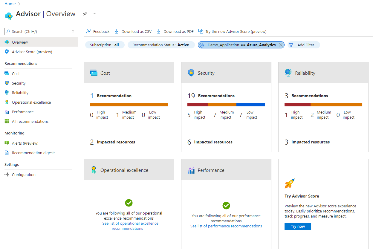 Screenshot of the Azure Advisor dashboard that shows count of recommendations after tag filter is applied.