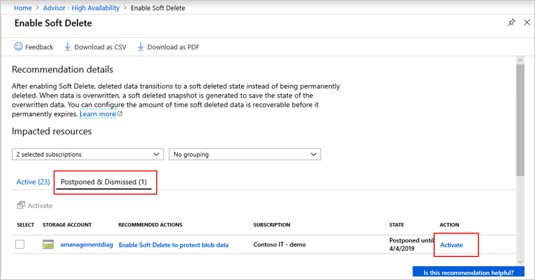 Screenshot of the Enable Soft Delete window showing the Postponed & Dismissed tab with the Activate action highlighted.