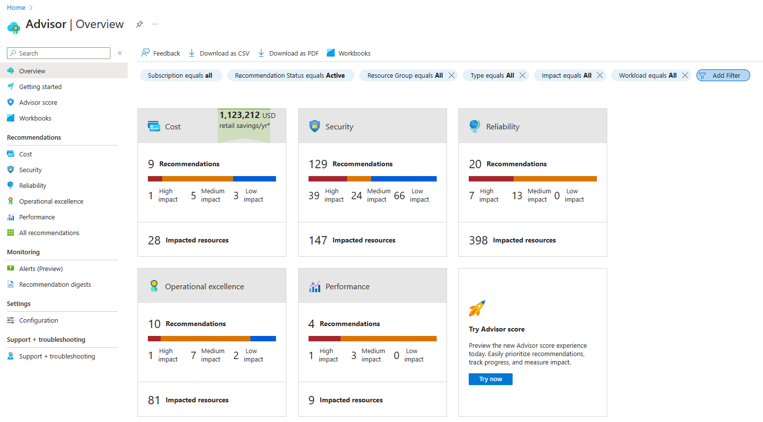 Screenshot of Azure Advisor showing filtering options.