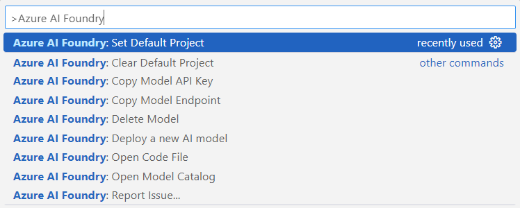 A screenshot of the Visual Studio Code command palette for Azure AI Foundry.